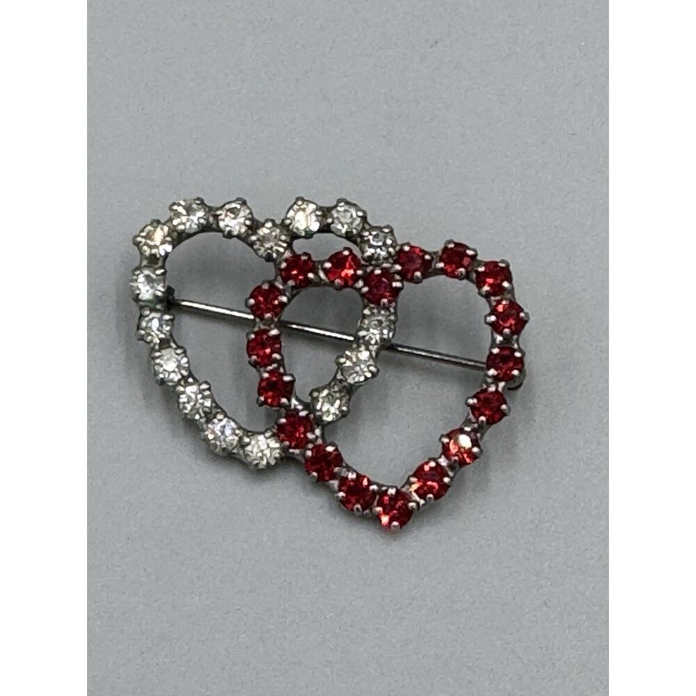 Vintage Silver Colored Double Open Heart Wi/ Red And Clear Rhinestone Brooch Pin